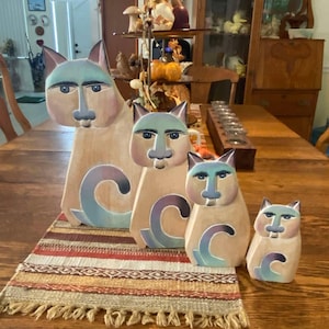 Vintage Laurel Burch Folk Art Hand Painted Set of 4 - Cats - Light Colors - Great Eyebrows Carved Wood