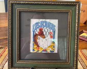 Vintage Framed Crewel Chicken Embroidery: French Country Farmhouse Decor