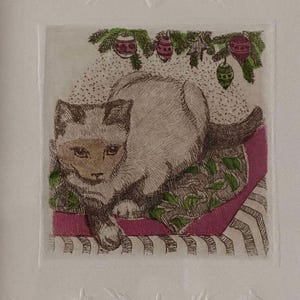 May include: A white cat with brown markings sits on a pink and green patterned cushion with a sprig of evergreen and ornaments hanging above.