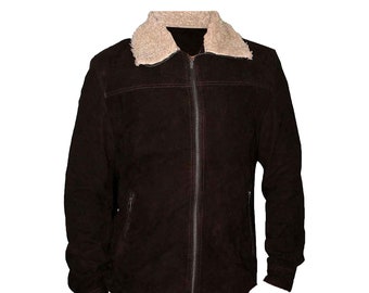 Men's Walking Dead Rick Grimes Brown Sherpa Suede Leather Jacket with Fur collar