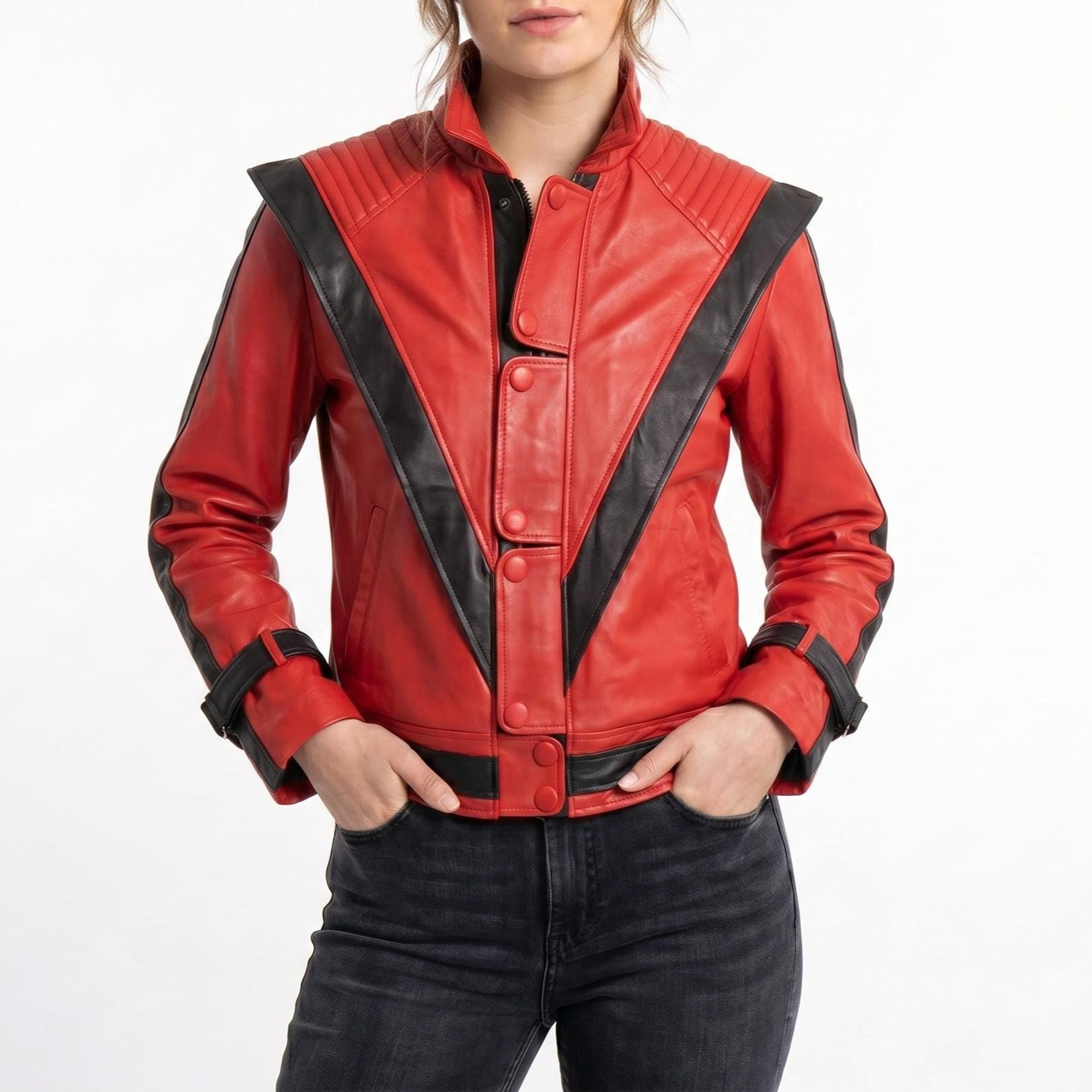 Michael Jackson Thriller Red & Black Leather Jacket, 80s Pop Star