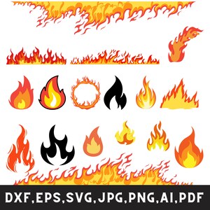 May include: A set of 14 fire flame illustrations in various styles, including a ring of fire, a fire with a black silhouette, and a fire with a yellow and orange gradient. The flames are all on a white background.