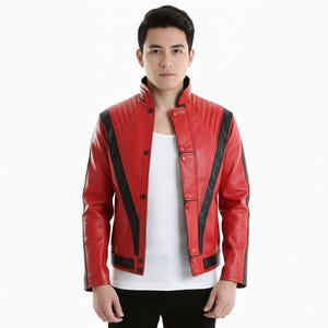 May include: A red leather jacket with black stripes on the shoulders and sleeves. The jacket has a stand-up collar and button closures. The jacket is a classic design.