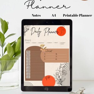 Könnte beinhalten: Ein digitaler Tagesplaner mit einem braunen und orangen Farbschema. Der Planer hat einen Bereich für To-Do-Listen, Notizen und einen 24-Stunden-Zeitplan. Der Planer ist mit floralen Illustrationen und einem geometrischen Design verziert.