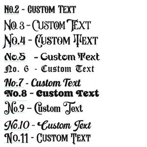 May include: A white background displays twelve lines of black text in various fonts. Each line begins with "No." followed by a number and "- Custom Text." The text is a sample of different font styles for custom design projects.