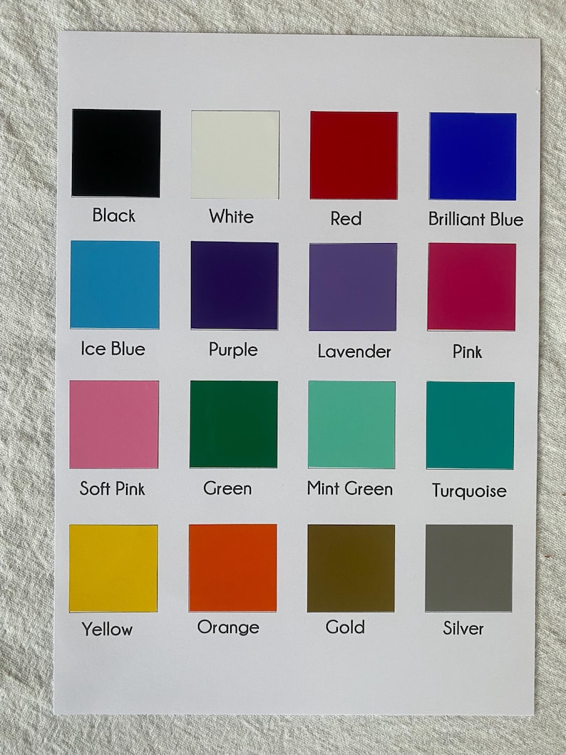 May include: A color chart featuring sixteen distinct color swatches, each labeled with its respective color name. Colors include black, white, red, blue, purple, pink, green, yellow, orange, gold, and silver, among others. The chart is on a white background.