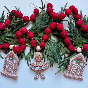 Gingerbread Christmas Garland: Felt Pompoms and Glitter Ornaments 6.6 feet long