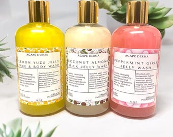 Natural Body Wash - Coconut Almond Milk Jelly Wash, Lemon Yuzu Face & Body Wash, Peppermint Girly Jelly Wash - Jelly Cleanser, Clean Beauty