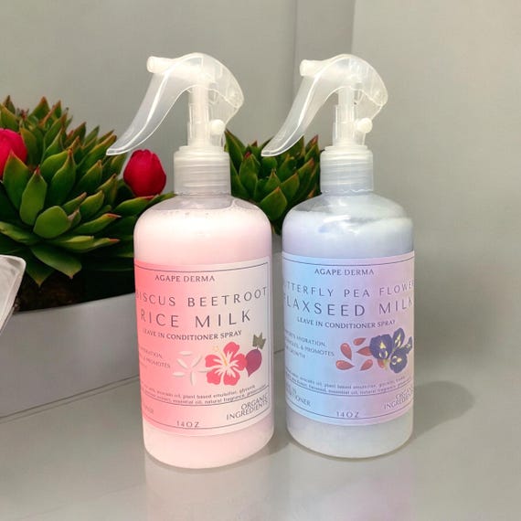 Herbal Leave in Conditioner Spray | Hibiscus Beetroot Rice Milk | Butterfly PeaFlower Flaxseed Milk | Detangler | Ultra Moisturizer | 14oz