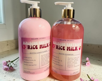 Hibiscus Beetroot Rice Milk Biotin Natural Shampoo & Deep Conditioner Set  - Infused with hair growth ingredients - 17oz pump bottles
