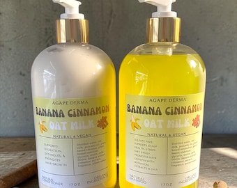Banana Cinnamon Oat Milk Biotin Natural Shampoo & Deep Conditioner Set  - Infused with hair growth ingredients - 17oz pump bottles