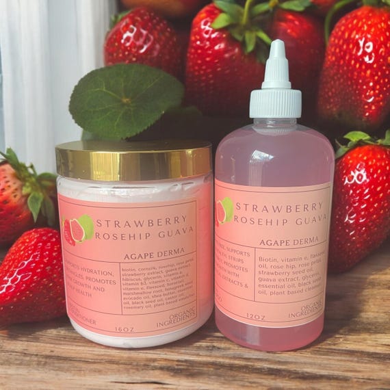 Strawberry Rosehip Guava Biotin Natural Shampoo & Deep Conditioner Set  - infused with hair growth ingredients
