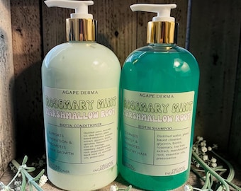 Rosemary Mint Marshmallow Root Biotin Natural Shampoo & Deep Conditioner Set  - Infused with hair growth ingredients - 17oz pump bottles