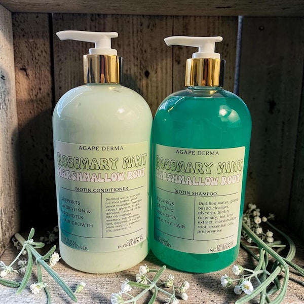 Rosemary Mint Marshmallow Root Biotin Natural Shampoo & Deep Conditioner Set  - Infused with hair growth ingredients - 17oz pump bottles