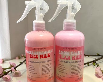 Herbal Leave in Conditioner Spray | Sweet Strawberry Rice Milk | Snow Fairy Flax Milk | Detangler | Hair Milk | Ultra Moisturizer | 14oz