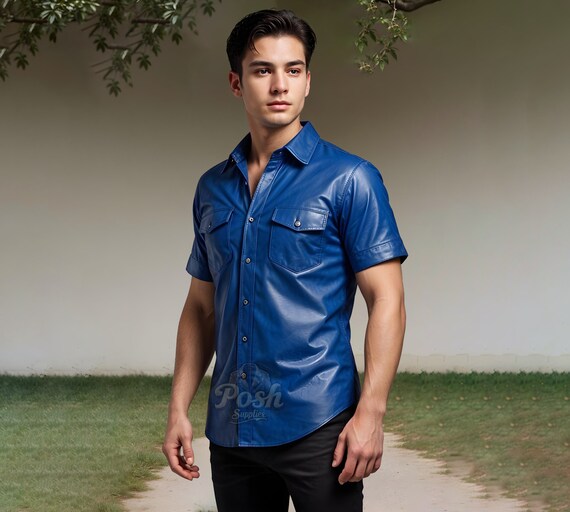 Blue leather shirt hotsell