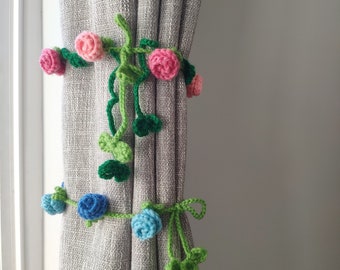 Crochet curtain tie back/handmade rose curtain hold back/flower curtain tie back/rose garland/crochet flower home decor/gift for her