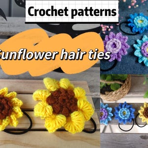May include: Crochet patterns for sunflower hair ties. The image shows three different sunflower hair ties, each with a brown center and yellow petals. The hair ties are on a wooden surface.