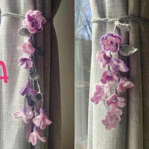 Crochet curtain tie back/handmade flower curtain hold back with pearls/crochet purple flowers/housewarming gift/gift for mom