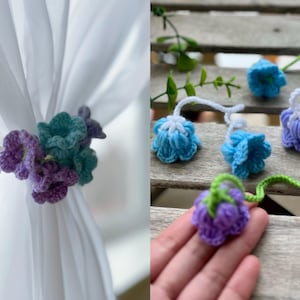 Crochet sheer curtain tie backs/handmade flower sheer curtain hold back/lily of the valley sheer curtain tie back/blue purple curtain ties