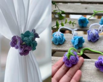 Crochet sheer curtain tie backs/handmade flower sheer curtain hold back/lily of the valley sheer curtain tie back/blue purple curtain ties