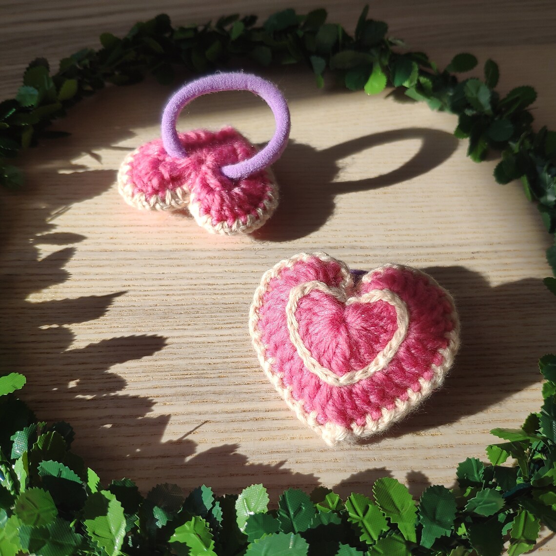 Crochet Hair Tie With Pink Purple Heart/handmade Heart Design Hair Tie ...