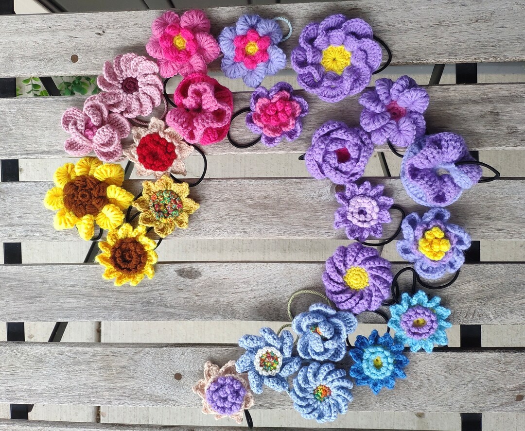 Crochet Flower Hair Tie/floral Hair Tie Bracelet/daisy/sunflower/rose ...