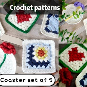 May include: A set of five handmade crochet coasters in various designs. The coasters feature white, red, blue, green, and yellow colors. The text "Crochet patterns" and "Coaster set of 5" are visible in the image.