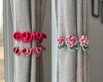 Crochet curtain tie back/handmade rose curtain hold back/shells curtain tie/lily of the valley curtain tie/pink flower curtain ties