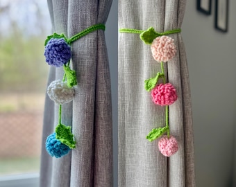 Sujetador de cortina de crisantemos con pompones de ganchillo / Sujetador de cortina de hortensias hecho a mano / Sujetador de cortina de flores de ganchillo / Sujetador de cortina floral / Regalo para ella