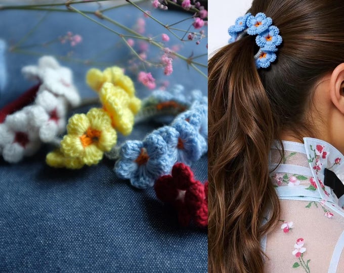 Handmade crochet hair scrunchie with flowers/flower hair tie/handmade flower bracelet/crochet hair accessories for girls/gift for her
