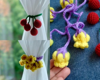 Handmade Crochet Curtain Tie Back: Lily of the valley curtain tie back/ Cherry curtain holdback, sheer curtain tie backs, kitchen curtain