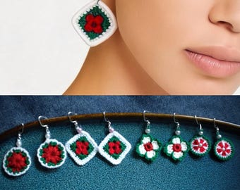 Handmade granny square earrings/micro crochet Christmas drop earrings/handmade granny square flower earrings/gift for her/gift for mom