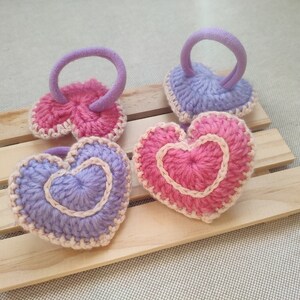 Crochet Hair Tie With Pink Purple Heart/handmade Heart Design Hair Tie ...