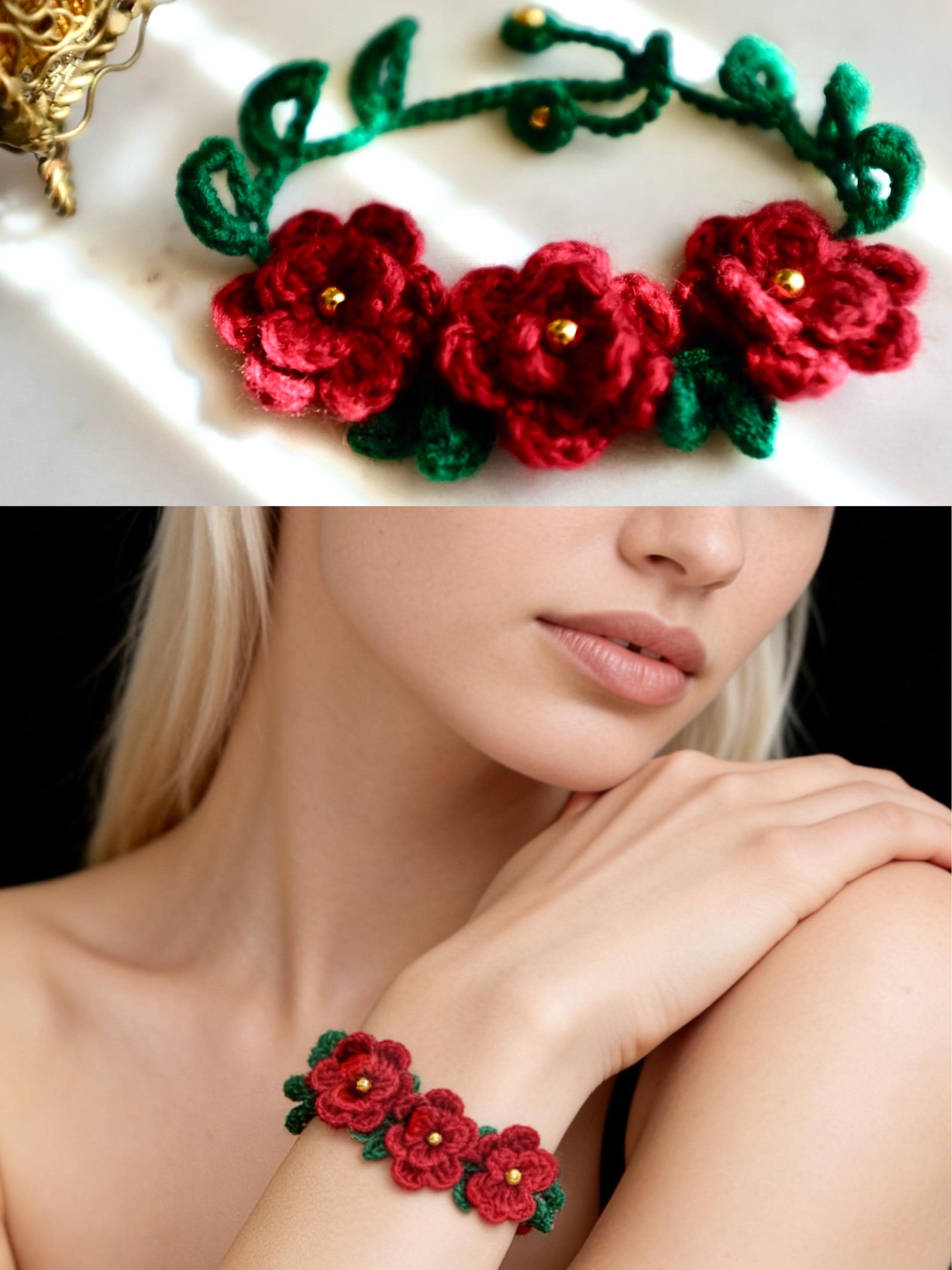 Rose Crochet Bracelet With Pearls/handmade Lily of the Valley