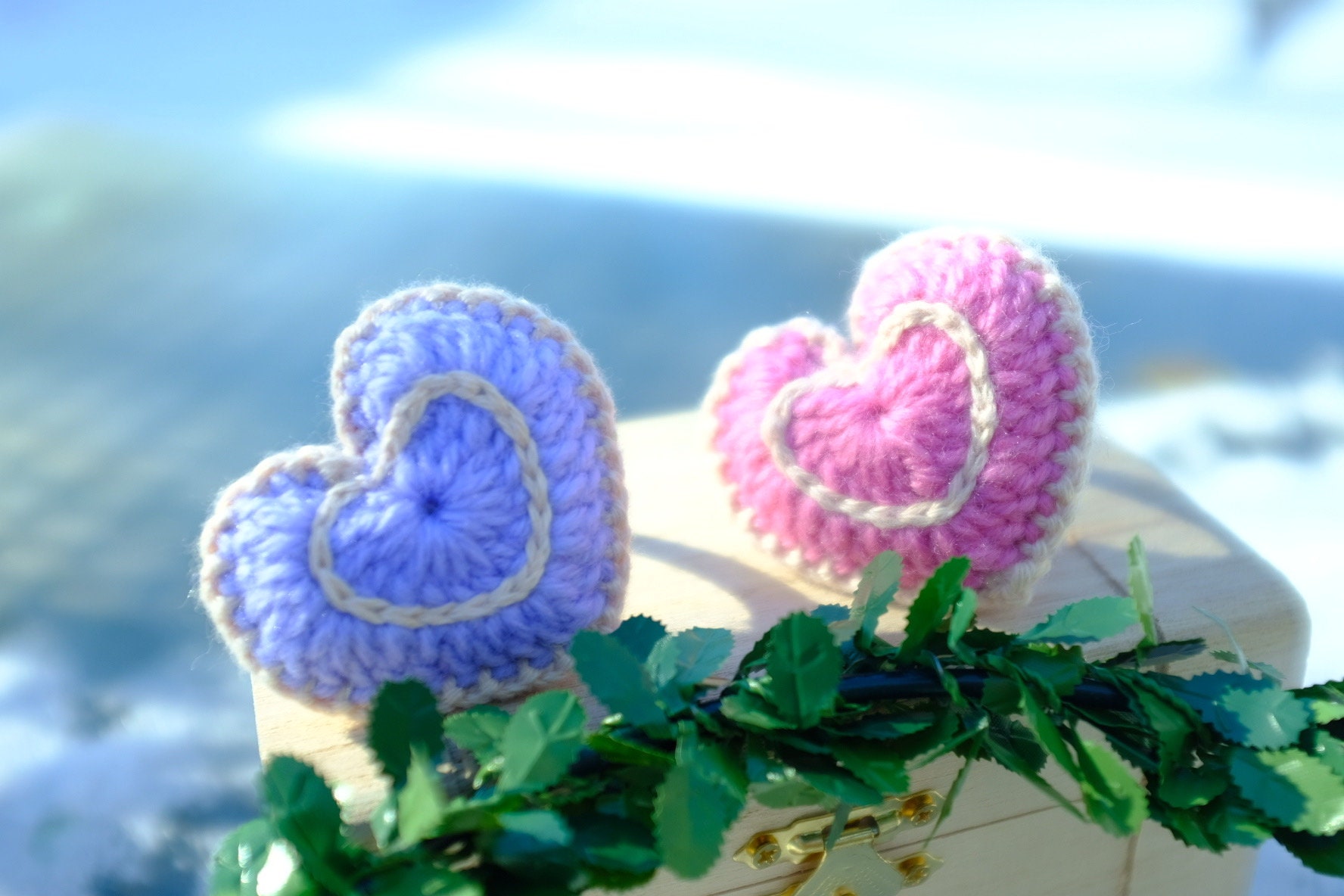 Crochet Hair Tie With Pink Purple Heart/handmade Heart Design Hair Tie ...