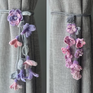 Crochet curtain tie back/handmade flower curtain hold back with pearls/crochet purple flowers curtai tie/gift for her/gift for mom