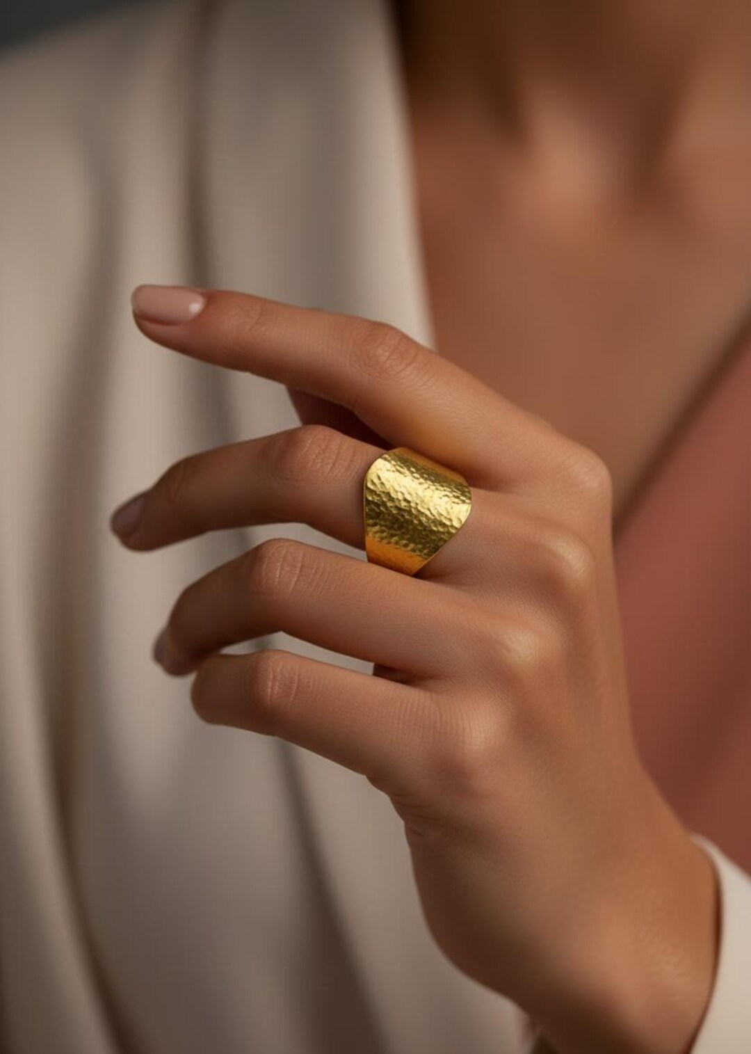 Hammered Gold Statement Ring: Wide Band 925 Sterling Silver Boho ...