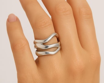 Sterling Silver Chunky Ring: Hammered Triple Wave Statement Ring