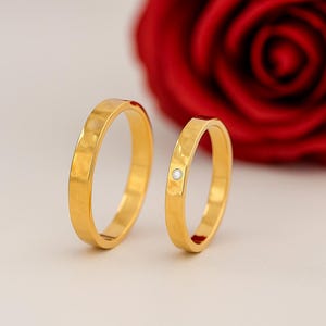 14K Solid Gold Wedding Band – Hammered Gold Ring – Unisex Minimalist Wedding Ring – Handmade Yellow Gold Band – Custom His and Hers Rings