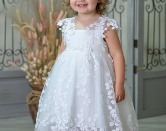 Handmade White Lace Christening Gown: Floral Tulle Baby Baptism Dress