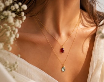 14K Solid Gold Teardrop Birthstone Necklace – Fine Jewelry Minimal Pendant