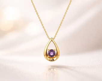 Colar de ametista dourada com pingente em formato de gota, prata de lei 925, colar com pedra do mês de fevereiro, delicada gema roxa, presente para ela.