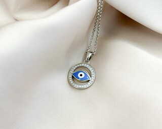 PERIMADE Collana Con Ciondolo Occhio Del Malocchio, Placcata Oro, Smaltata Blu, Argento 925, 40-45 Cm, Regalo Portafortuna