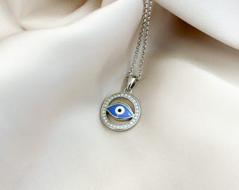 PERIMADE Collana Con Ciondolo Occhio Del Malocchio, Placcata Oro, Smaltata Blu, Argento 925, 40-45 Cm, Regalo Portafortuna