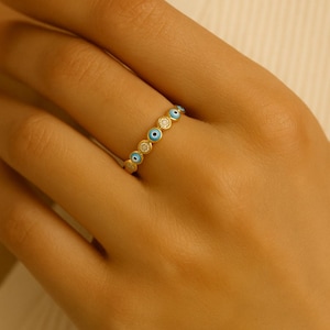 Dainty Gold Evil Eye Ring: Enamel Zircon Protection Jewelry