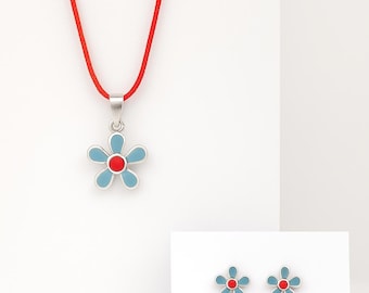 Sterling Silver Flower Jewelry Set: Stud Earrings & Necklace, Kids Floral Gift