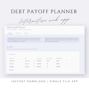 Könnte beinhalten: Ein weißer digitaler Schuldenrückzahlungsplaner mit dem Text "Debt Payoff Planner" und "Interactive web app". Der Planer enthält Abschnitte für Schulden, Rückzahlungspläne und Zusammenfassungen. Er zeigt Details des Schuldenregisters wie Typ, Saldo, Zinssatz und Mindestzahlung.