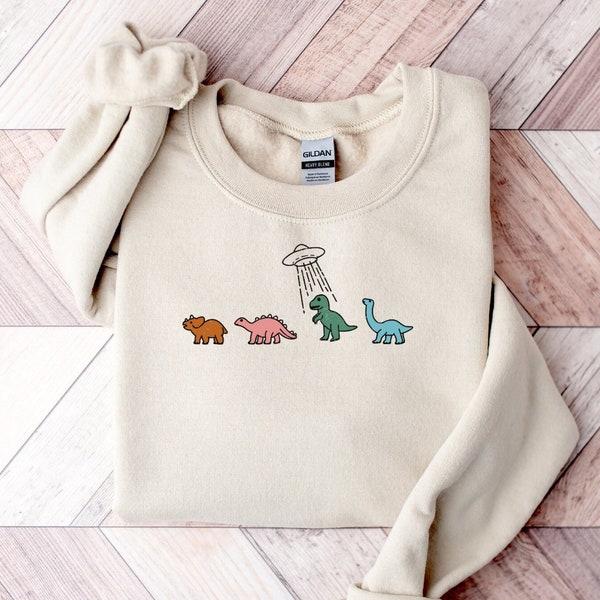 Dinosaur Alien Abduction Sweatshirt, UFO Dinosaur Crewneck, Funny Dino Hoodie, UFO Sweater, T-Rex Stegosaurus Triceratops Brontosaurus Sweat