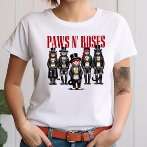 Paws N’ Roses Cat Band T-Shirt, Funny Rock Music Cat Lover Tee, Retro 80s Rock Graphic Tee, Cute Funny Gift for Cat & Music Lovers